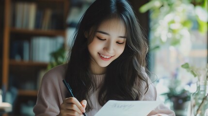 Wall Mural - Asian Chinese woman, happy teenager girl, pretty female student with happy, carefree face expression reading or writing on paper, doing homework in school or university  library, studying for exam