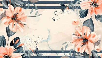 Beautiful Floral Design With Soft Peach Flowers and Striped Background in Modern Aesthetic Style