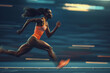 © TRAVELARIUM - Female sprinter captured in full stride under dramatic lighting, emphasizing speed, strength and determination on track symbolizing pursuit of excellence and victory