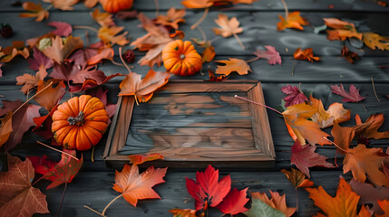 Poster - First Day of fall ,autumn leaves on wooden background