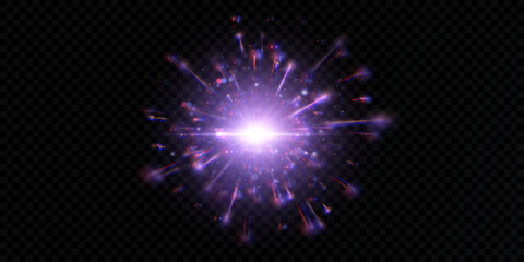Leinwandbilder - Vivid purple light effect with glare and particle explosion effect on black background. Vector 10 EPS