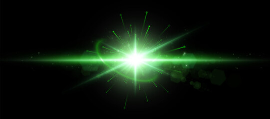 Aufkleber - Abstract green light effect with glare and particle explosion effect on black background. Vector 10 EPS