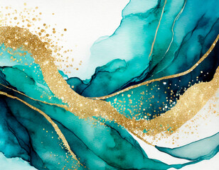 Wall Mural - Luxury background with teal green ink waves and gold