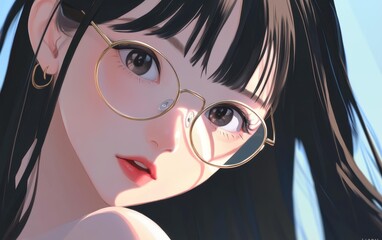 Sticker - A thoughtful beauty in glasses smiles softly, embodying a casual anime style in a vivid digital illustration.