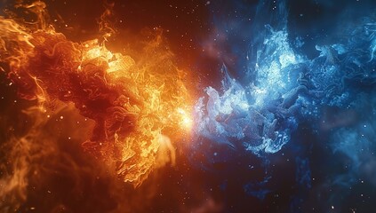 Poster - Abstract artwork depicting clashing flames of fire and ice in a dark background.