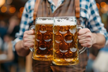 Man in floral-embroidered vest holding two beer mugs, celebrating Oktoberfest in traditional Bavarian style.