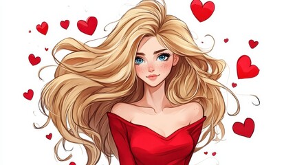 Sticker - Bright girl with long blonde hair, framed by a heart in charming watercolor style. A fresh blend of modern and cartoon art.