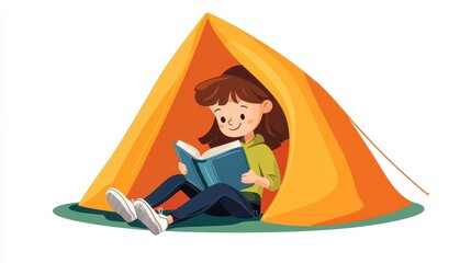 Poster - A whimsical scene of a girl immersed in a giant tentlike book, blending imagination and reading in vibrant colors.