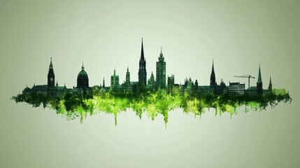 Canvas Print - Urban Skyline Silhouette with Green Foliage Background