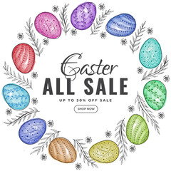 Wall Mural - easter sale poster design with circular frame made by colorful eggs on white background.