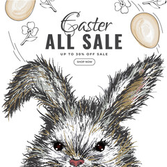 Wall Mural - easter sale poster design with cute bunny face character, eggs and flowers on white background.