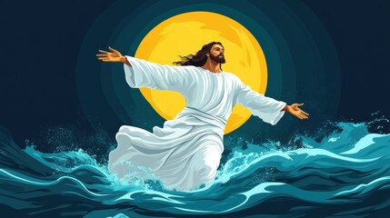 Sticker - Jesus Walking on Water Under a Bright Moonlit Sky