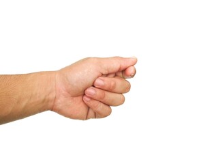 Wall Mural - Male hand making a gesture of holding a card or business card. Some types of documents ID card Or a passport, coin, or something. Isolated on a white background.