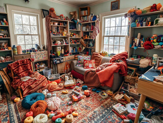 Wall Mural - A messy room with a couch and a chair, and a lot of yarn. Scene is chaotic and disordered