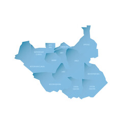 Sticker - South Sudan political map of administrative divisions - states, administrative areas and area with special administrative status. Shaded vector map with 3D-like blue gradient and name labels