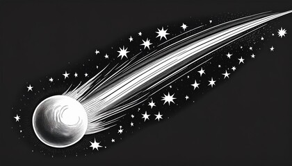 Wall Mural - Charming celestial symbol. Hand-drawn black and white image of a falling meteor on a blank backdrop. Adorable decal.