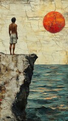 Wall Mural - Contemplative Boy Gazes at Sunset Over Ocean