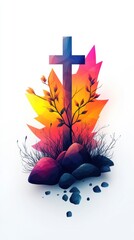 Canvas Print - Colorful Cross with Leaves and Stones