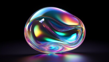 Wall Mural - An abstract holographic fluid shape made of glass, with a soap bubble-like appearance and reflective qualities, isolated on a black background. 3d rendering.