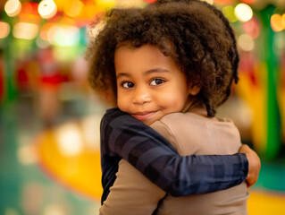 Sticker - A young girl is hugging another girl. The girl is smiling and looking at the camera. The scene is set in a brightly lit room with a lot of color