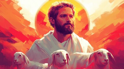 Poster - Serene Shepherd with Lambs Under Fiery Sunset