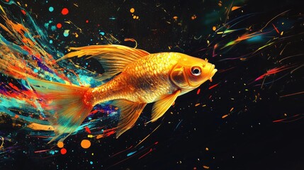 Elegant golden fish surrounded by dynamic colorful splashes on black backdrop