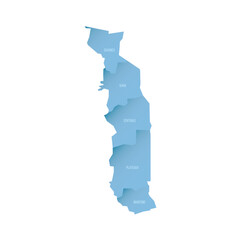 Poster - Togo political map of administrative divisions - regions. Shaded vector map with 3D-like blue gradient and name labels