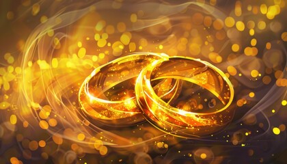 Two Elegant Gold Wedding Rings Surrounded by Shimmering Lights on a Dark Background