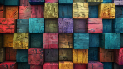 Wall Mural - Colorful wooden blocks arranged in an abstract pattern