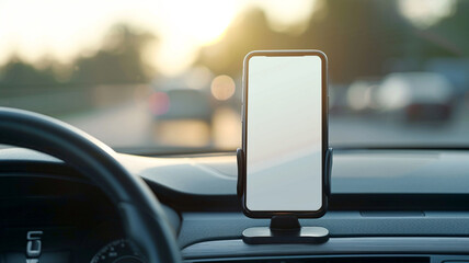 mobile phone with a blank screen stands on a stand on the dashboard of a car
