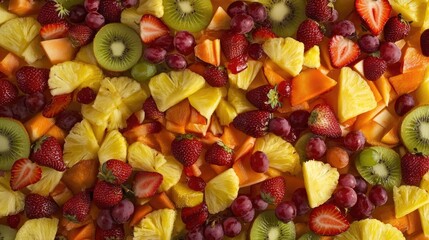 Freshly sliced fruits like strawberries, pineapples, and grapes, artfully arranged on a full background.