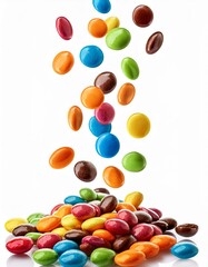 Colourful chocolate candies, multicolored glazed chocolate falling isolated on white background.Falling candied fruit. 