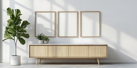 3 blank poster frames on a white wall, a sideboard with a marble top in front of the frames, a fiddle leaf fig plant beside the sideboard, a modern home interior design.