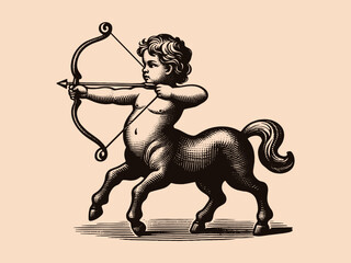 Wall Mural - Cute baby boy centaur shoots a bow. intage engraving vector illustration. Logo, print, emblem	