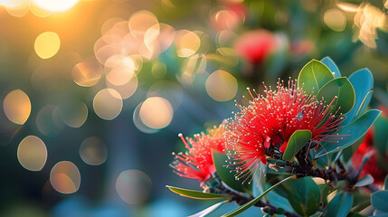 Red Pohutukawa flower against blurred background in New Zealand
