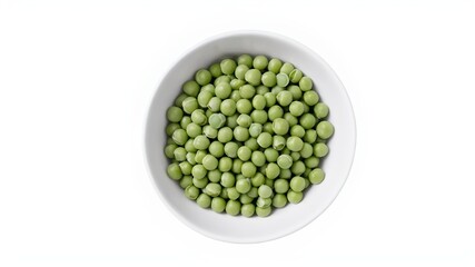 Wall Mural - Fresh green garden peas in a white ceramic bowl isolated on white. Top view.