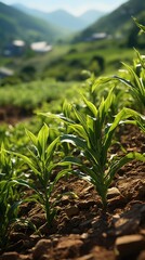 Wall Mural -  view photo from drone of growing maize field in rural agricultural industrail area 