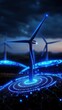 © Arnon  Parnnao - A futuristic wind turbine illuminated with blue lights, representing the concept of renewable energy and technological advancement.