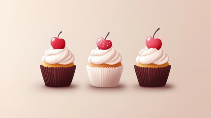 Wall Mural - Colorful Cupcakes with Cherries on a Soft Background