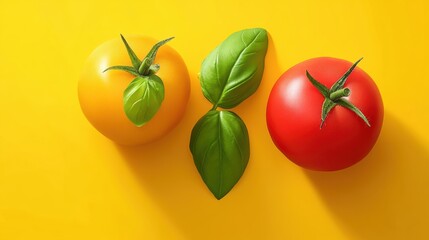 Sticker - Vibrant Tomatoes and Basil on Yellow Background