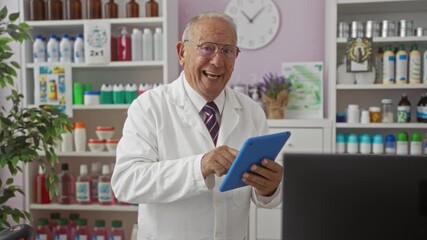 Sticker - An elderly man in a pharmacy uses a tablet, surrounded by various products in an indoor setting.