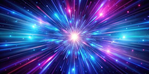 Abstract background in blue and purple neon glow colors representing the speed of light in a galaxy explosion, cosmic, universe