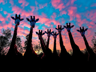 Poster - A group of giraffes are standing in a field with a beautiful sunset in the background. The giraffes are all facing the same direction, creating a sense of unity and harmony