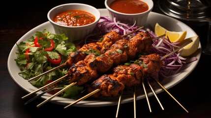 Poster -  food: spicy suya kebab on skewers with fresh vegetable salad and ketchup close-up.  