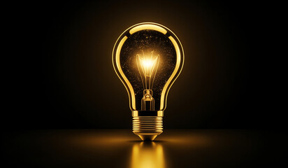 Gold holographic glowing lightbulb with copy space.