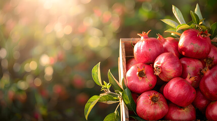 Wall Mural -  a bunch of pomegranates on basket, harvesting season concept