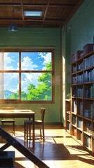 Wall Mural - 3d sunlit study room background anime illustration cartoon design 134