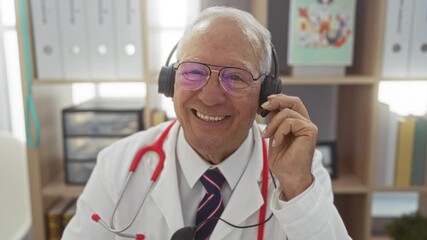 Wall Mural - Elderly man with grey hair and glasses wearing a white coat and stethoscope in a clinic office, using a headset, and smiling cheerfully.