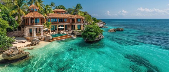 Wall Mural - A beautiful beach house with a pool and a view of the ocean