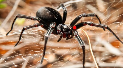 Black Spider on Web Close Up